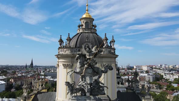 Aerial Shot The City Of Lviv. Temple Of St.Architectural Cathedral Of Saint Jur. Ukraine alt