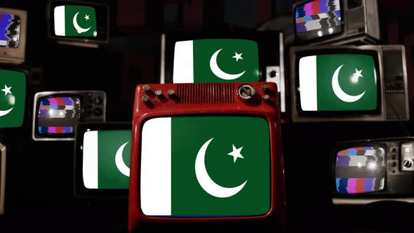 Flag of Pakistan on Retro TVs. 4K.