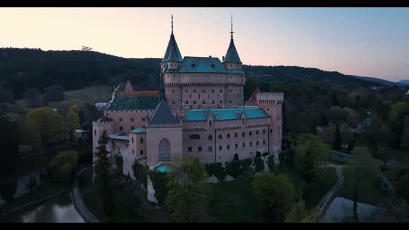 Aerial view of Bojnice Castle in Slovakia - Sunset