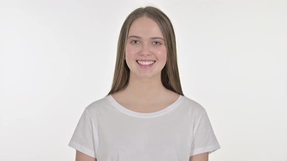 Portrait of Smiling Beautiful Young Woman, White Background alt