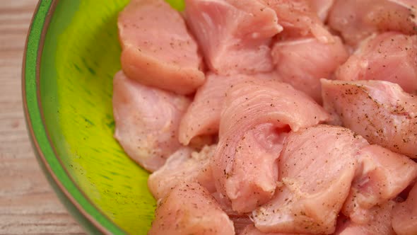 Pieces of Turkey Fillets Closeup in a Green Plate