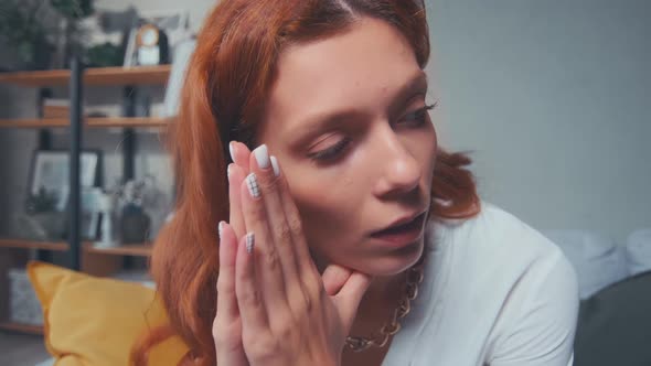 Depressed Worried Young Red Haired Woman Feeling Nervous Upset About Problem alt