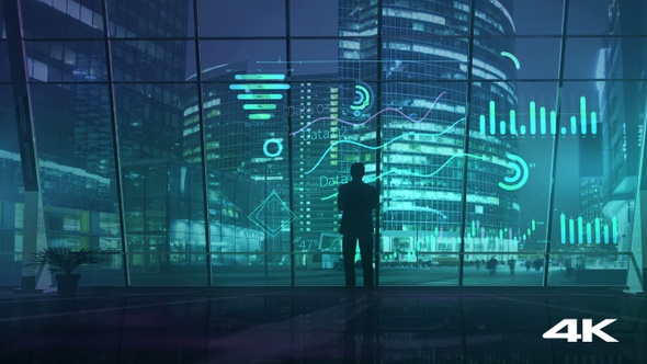 Businessman In Office Analyzes Statistics Infographic Data 4K alt