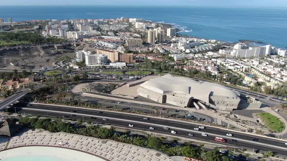 Aerial view of Magma Art and Congress Center in Costa Adeje, Tenerife, Spain alt