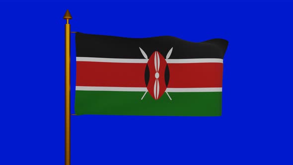 National flag of Kenya waving with flagpole on chroma key, Republic of Kenya flag textile alt
