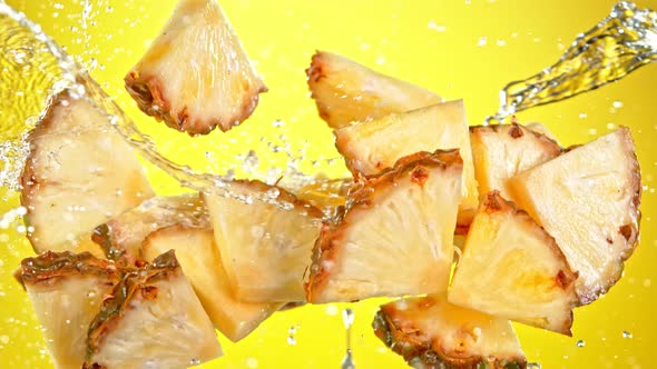 Super Slow Motion Shot of Flying Fresh Pineapple Slices and Water Side Splash at 1000 Fps alt