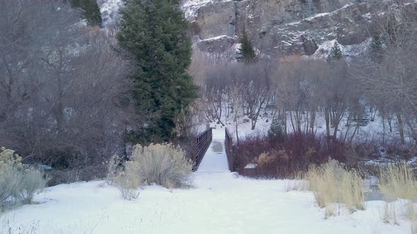 Point of view walking towards a bridge on a snow-covered path in the wilderness alt