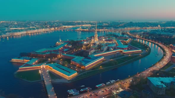 Drone Flies Off the Peter and Paul Cathedral and Fortress at Evening the Sights of St alt