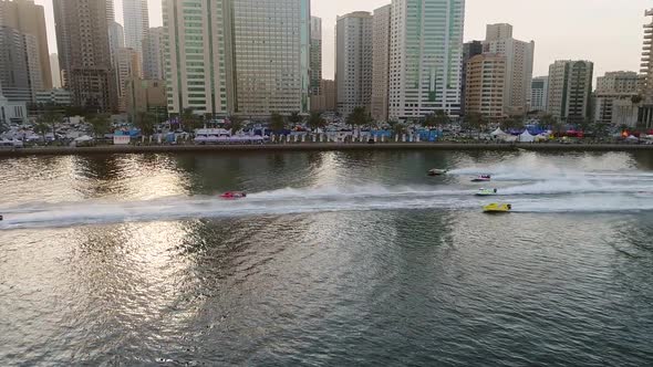Aerial view of speedboats during the race in Khalid lake in Sharjah. alt