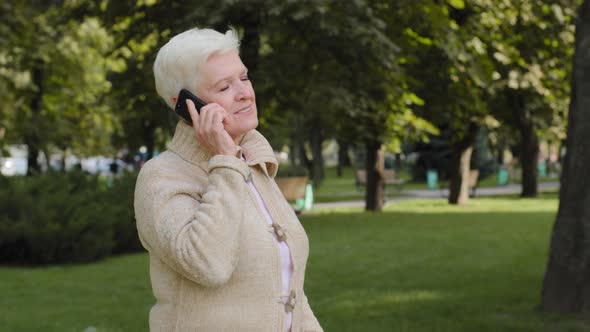 Happy Serene Senior 60s Beautiful Caucasian Woman Grandmother Talking on Modern Cellphone Calm alt
