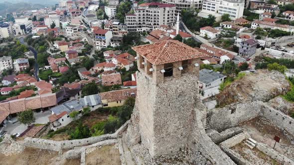 Ancient Historical Ruins, Old Tower in the Archelogical City, Kruje, Albania, Arial Shot From Drone