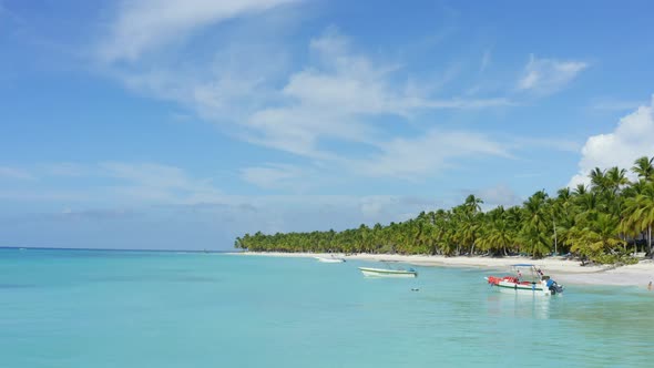 Sunny day on white sand beach landscape. Palm beach and turquoise seawater background. Beach and sea