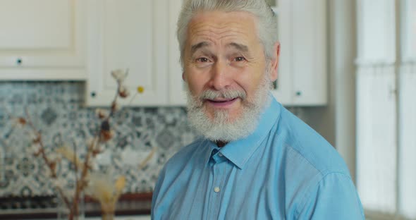 Portrait of Happy Senior Man with Gray Hair and Beard Smiling at Home alt
