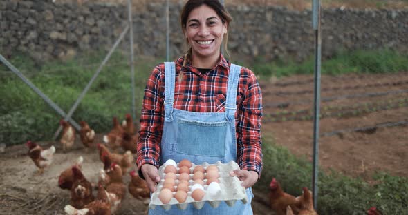 Senior Farmer Woman Picking Up Organic Eggs In Henhouse Farm