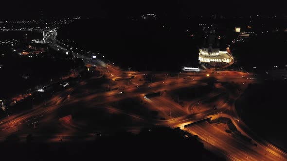 Aerial Drone Footage of Night Kyiv. Road Junction at Night