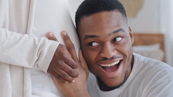 Closeup Male Happy Enthusiastic Face Caring Loving Man Young Husband Listening Pregnant Belly of alt