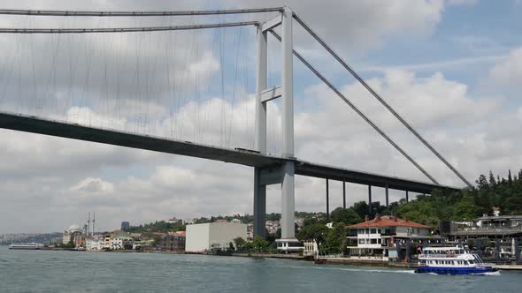 Bosphorus Bridge from a ferry in Istanbul  alt