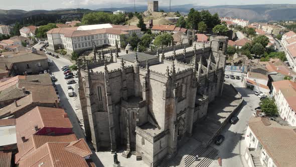 Slow motion of Guarda cathedral touristic attraction site in Portugal, aerial