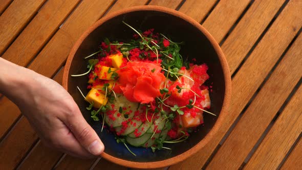 Top View of Fresh and Delicious Hawaiian Poke Bowl Traditional Hawaii Raw Fish Salad