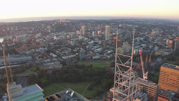 Aerial View Of High Rise Comemercial Buildings At Dawn