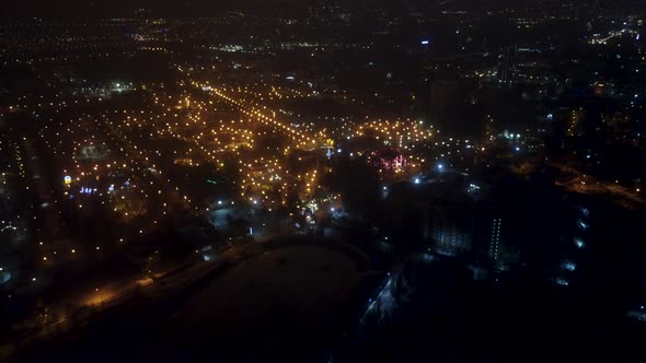 Aerial city amusement Gorky Central Park at night
