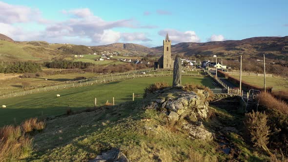 Aerial View of Standing Stone in Glencolumbkille in County Donegal Republic of Irleand alt