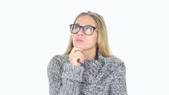 Portrait of Thinking Woman White Background alt
