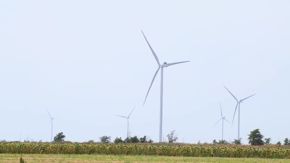 Wind generators rotate on grey sky in field