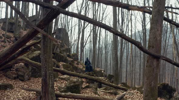 Concentrated Man with a Japanese Sword, a Katana Practicing Iaido in a Pine Forest. Wide Angle. Back alt