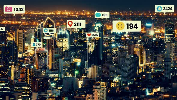 Social Media Icons Fly Over City Downtown Showing People Engagement Connection alt