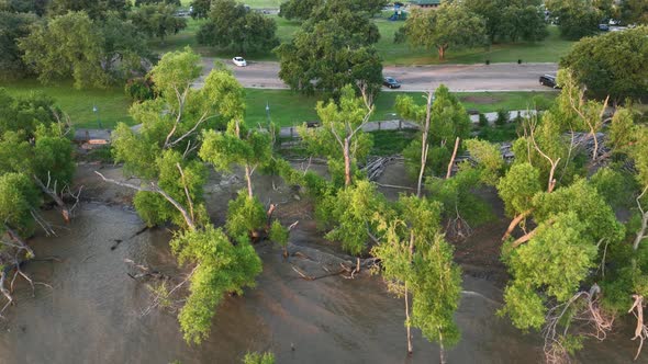 Aerial view of channel marker on the Mississippi River with the city of New Orleans in the backgroun alt