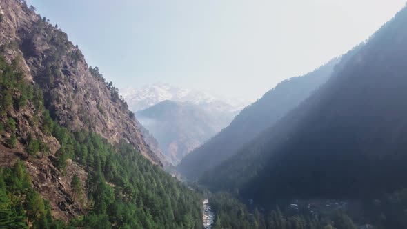 Aerial view of Himalaya india mountains unpolluted Mother Nature, drone reveal Parvati valley river alt