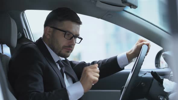 Driver of Car Changing Paper Handkerchief Suffering From Runny Nose Cold Symptom