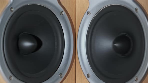 Two Audio Speakers Vibrate From Sound Bass in Slow Motion Stereo Closeup alt