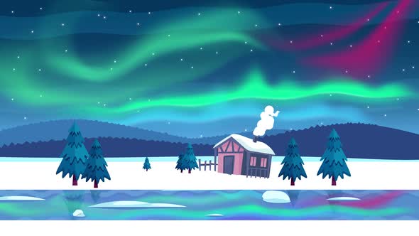 Beautiful Aurora - Northern Lights in a  Snowy Forest - Winter Night Landscape