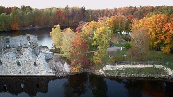 Autumn Aerial Landscape Old Koknese Castle Ruins and River Daugava Located in Koknese Latvia. alt