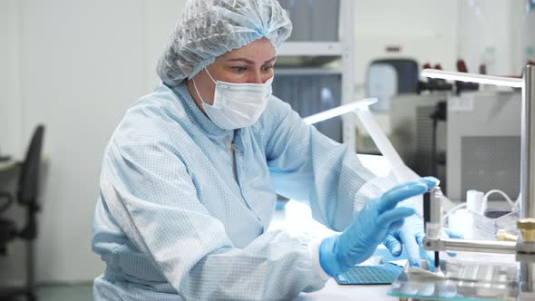 A Female Scientist Processes the Material in a Clean Room