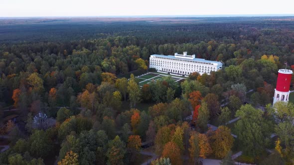 Kemeri Water Tower With Latvian Flag in the Kemeri Resort Park in Jurmala, Latvia. alt