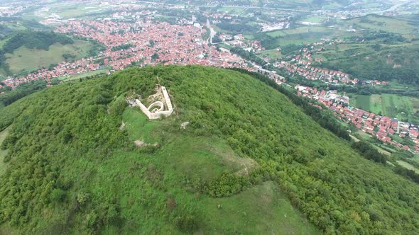 Aerial view of Bosnian pyramids with Visoko village in the valley alt