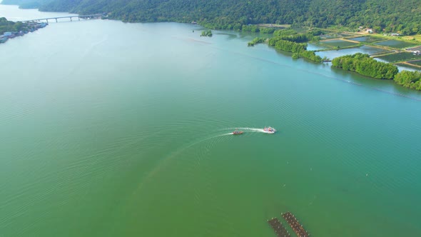 Fishing boats in the mangrove forest. Mangrove forests in the tropics of Thailand alt
