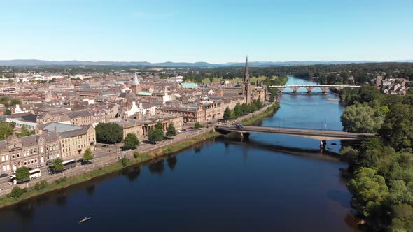 Famous City of Perth and River Tay seen from above on a beautiful summer day. Dolly shot from right alt