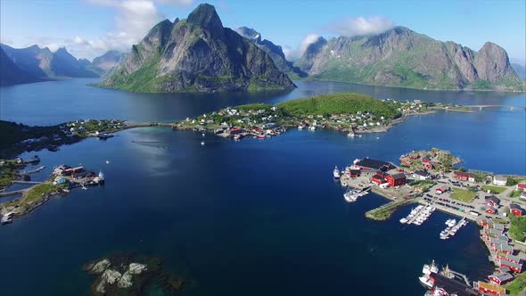 Aerial footage of beautiful town Reine on Lofoten islands