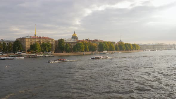 Panoramic View of Saint Petersburg in Golden Hour in Evening, Boats Are Floating