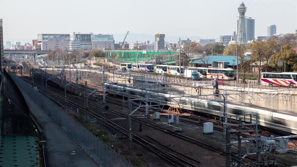 Osaka Railway Tracks with Moving Trains Timelapse alt