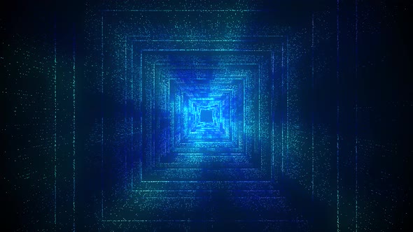 Blue tunnel of rectangle flying into the void.