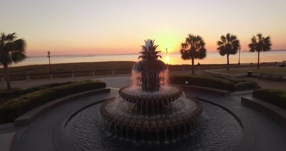 Aerial Flyover of the Pineapple Fountain in Charleston, SC alt