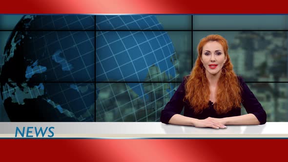 Red headed Attractive Anchor Woman Presents News On TV