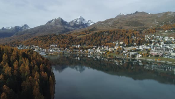 Aerial view of St. Moritz with Lake St. Moritz in autumn, Switzerland alt