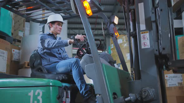 professional asian male engineer control fork lift truck loading product pallet alt