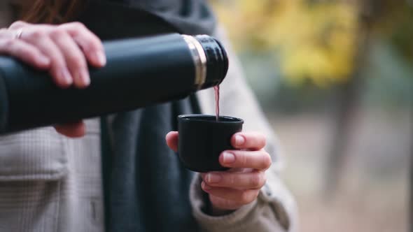 Closeup Shot of Pouring Tea in Cup From Thermos in the Autumnal Forest alt